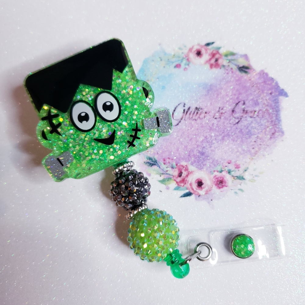 Frankenstein badge reel, glitter, nurse, healthcare